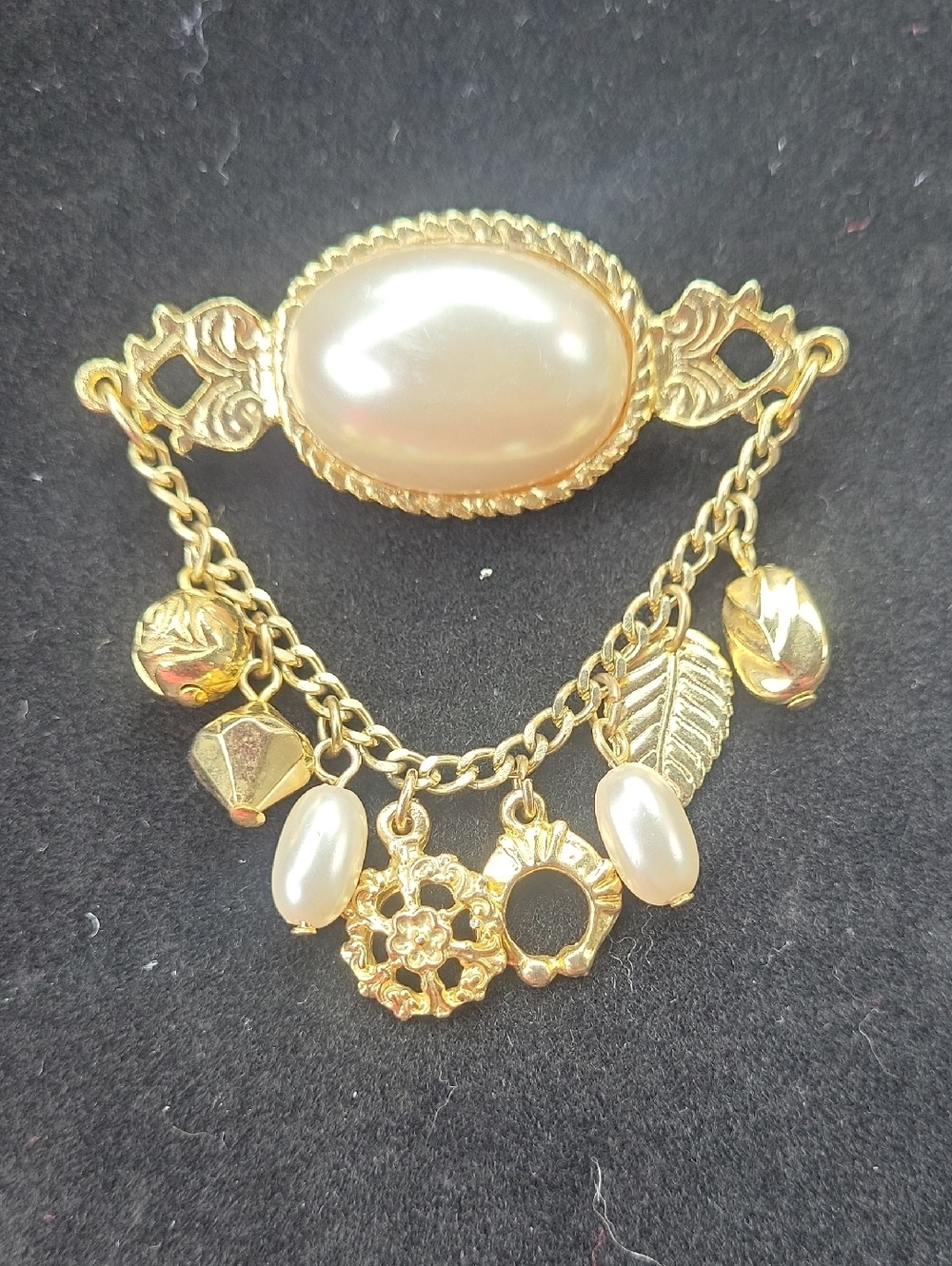 Gold-Tone Pearl Charm Brooch - Elegant Leaf & Floral Dangles